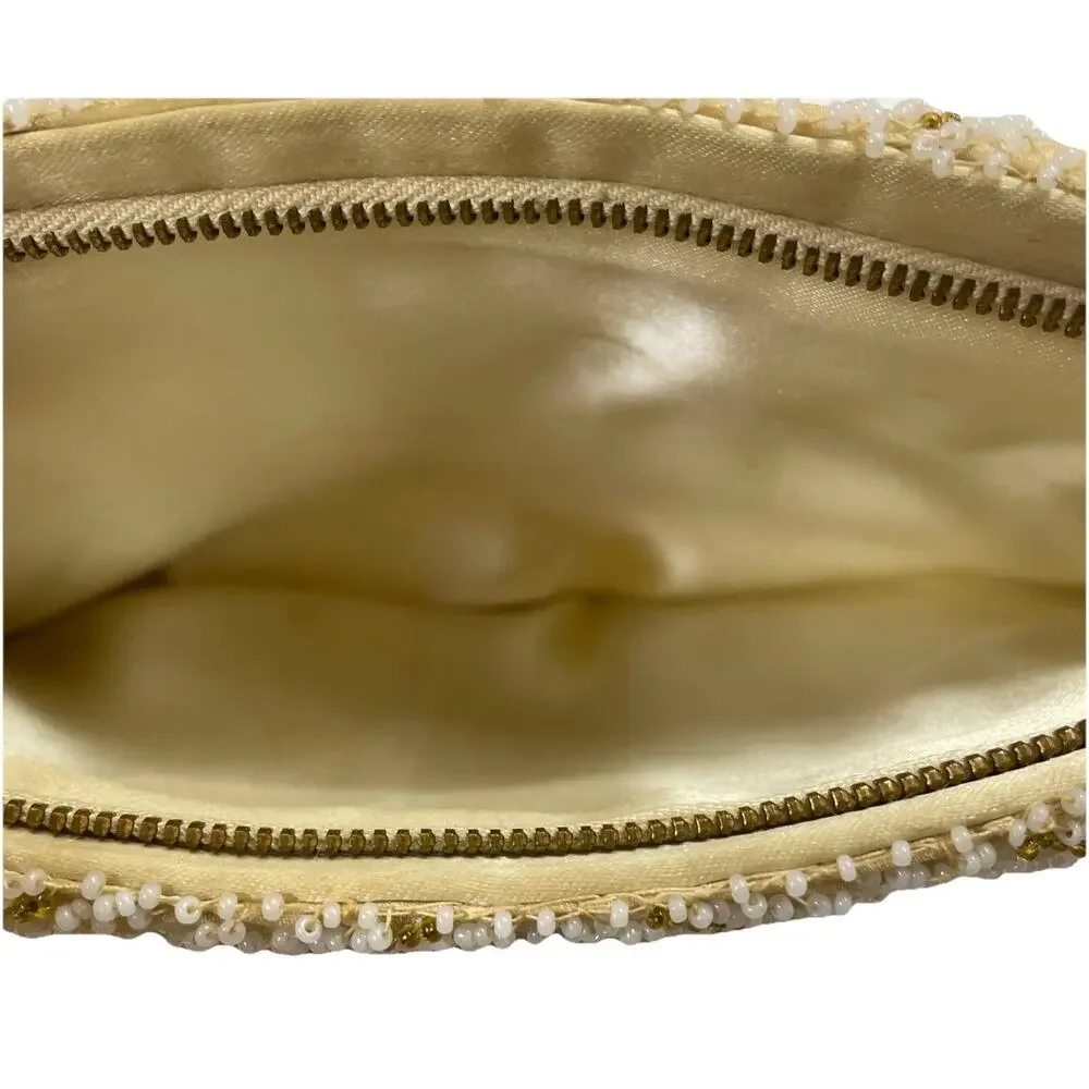 Vintage Ivory Beaded Clutch Purse Evening Bag Chevron Gold Accents